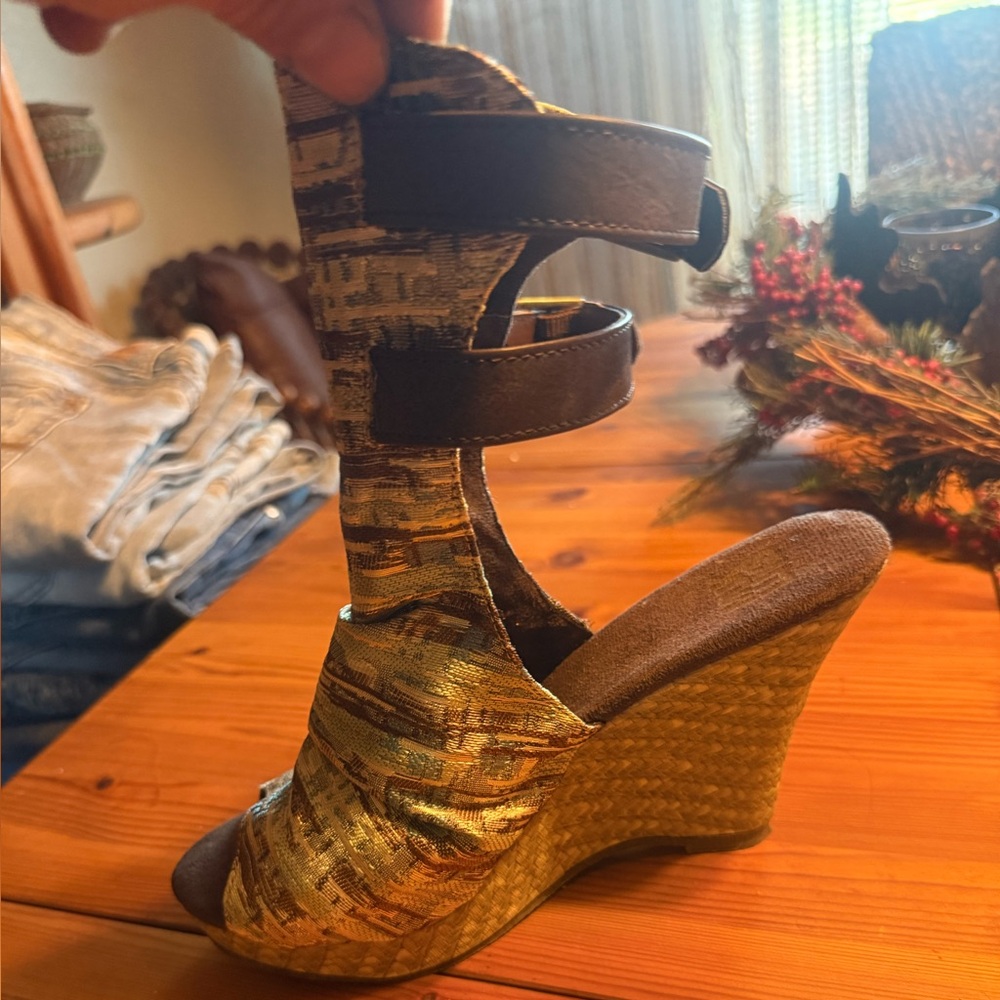 Muk Luks Gold and Brown Wedge Sandals